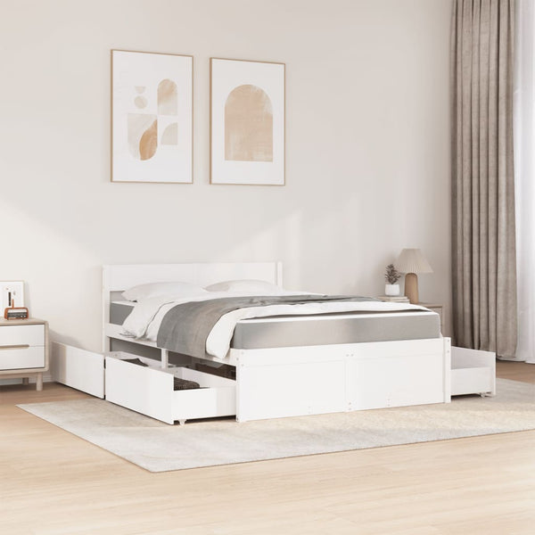 Bett mit Schubladen, Matratze, Massivholz Weiß 120x190