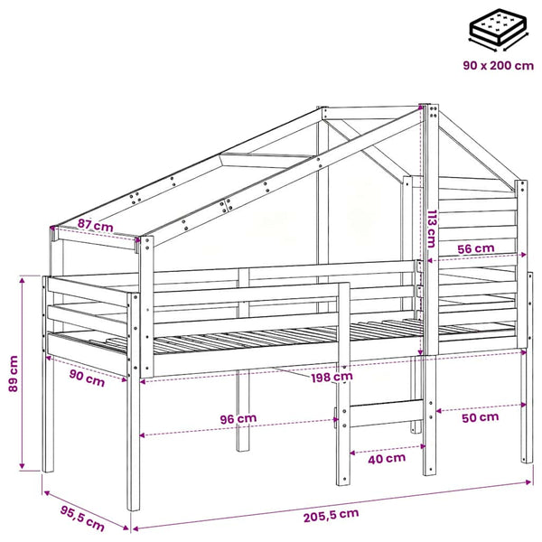 Hochbett mit Dach 90x200 cm Kiefer Massivholz