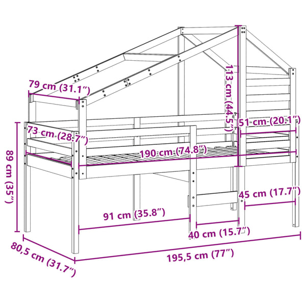 Weißes Kiefernholz Hochbett mit Dach 75x190 cm