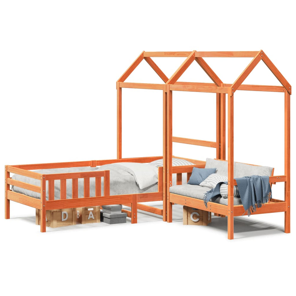 Massivholzbett mit Bank & Dach Orange 80x200 cm