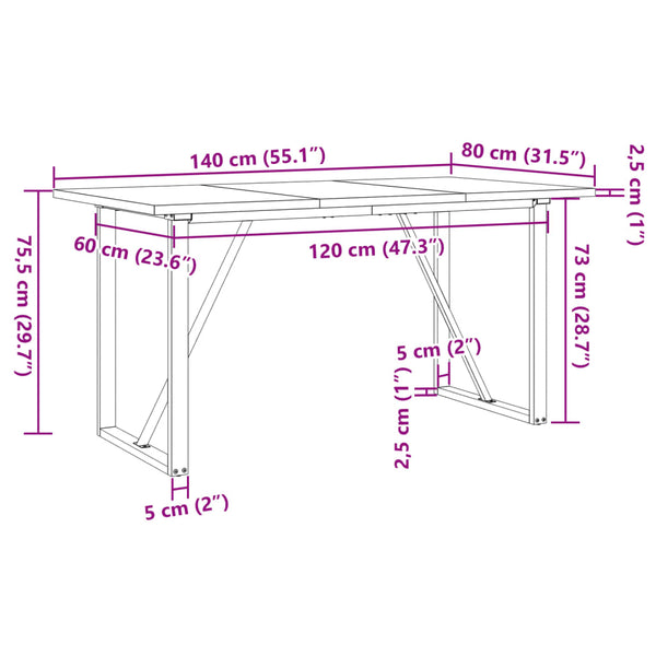 vidaXL Table de salle à manger piètement en O 140x80x75,5 cm bois de pin massif et acier