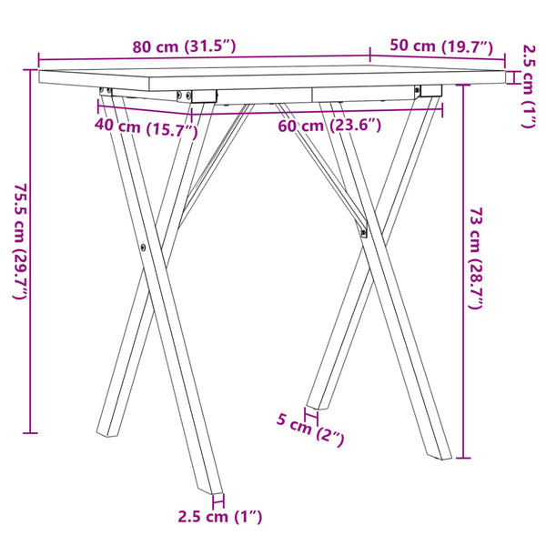 vidaXL Table de salle à manger piètement en X 80x50x75,5 cm bois de pin massif et acier