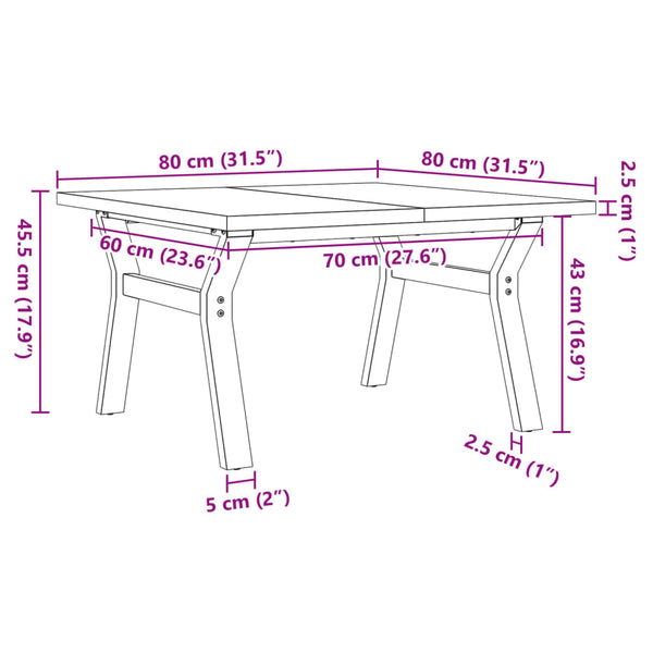 vidaXL Table basse à piètement Y 80x80x45,5cm Bois de pin massif et Acier