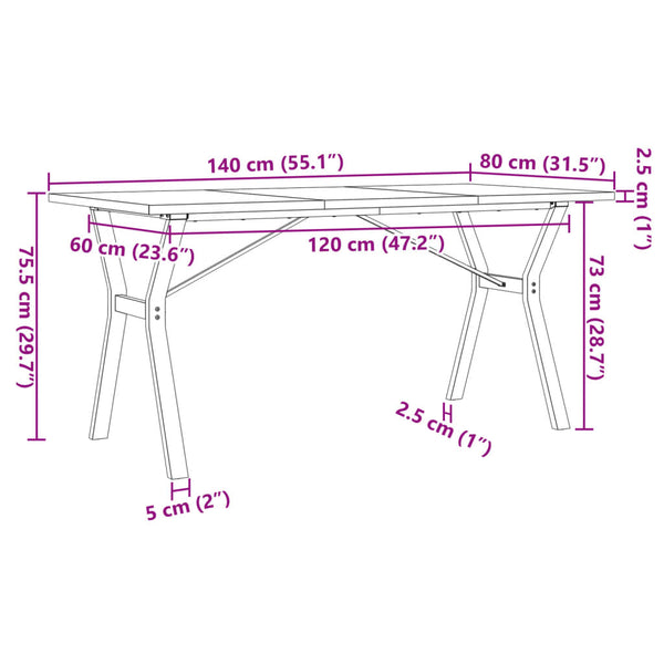 vidaXL Table de salle à manger piètement en Y 140x80x75,5 cm en pin massif et acier