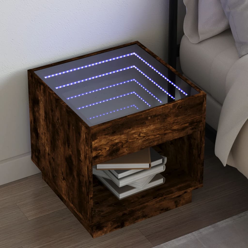 vidaXL Table de chevet avec LED infini Chêne fumé 50x50x50 cm