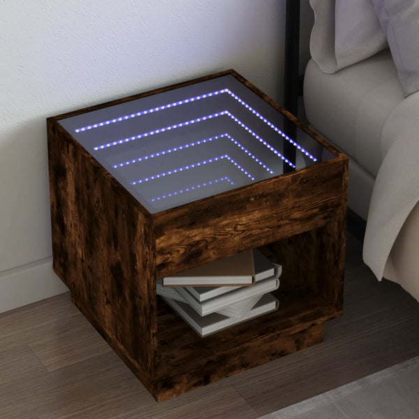 vidaXL Table de chevet avec LED infini Chêne fumé 50x50x50 cm