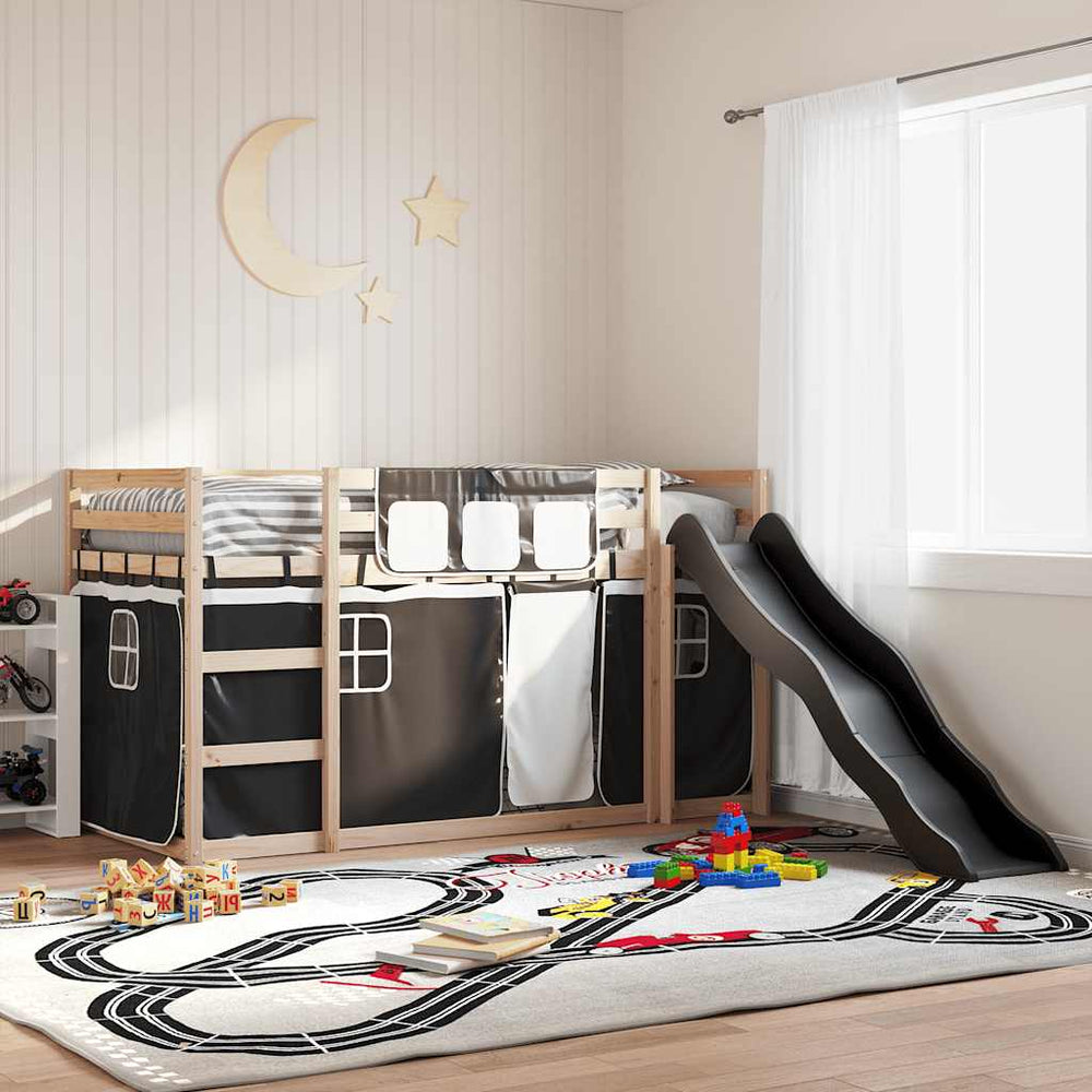 vidaXL Lit superposé avec toboggan et rideaux Blanc et noir 90x200 cm