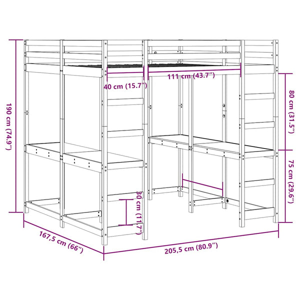Hochbett 160x200 cm mit Schreibtisch Kiefer Massivholz