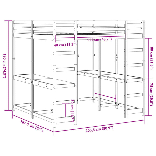 Hochbett mit Schreibtisch Braun 160x200 cm