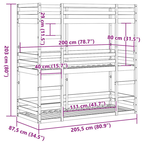 Dreifach Etagenbett Kiefer 80x200 cm Weiß