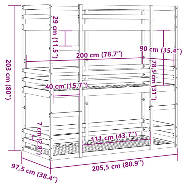Dreifach Etagenbett Kiefer 90x200 cm