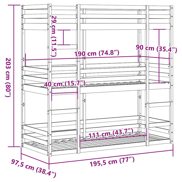 vidaXL Lit superposé triple Marron miel 90x190 cm Bois de pin massif