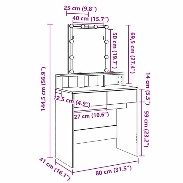 Schminktisch mit LED Betongrau 80cm