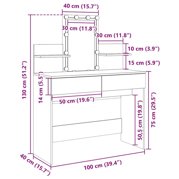 Schminktisch mit LED Sonoma-Eiche 100x40x130 cm