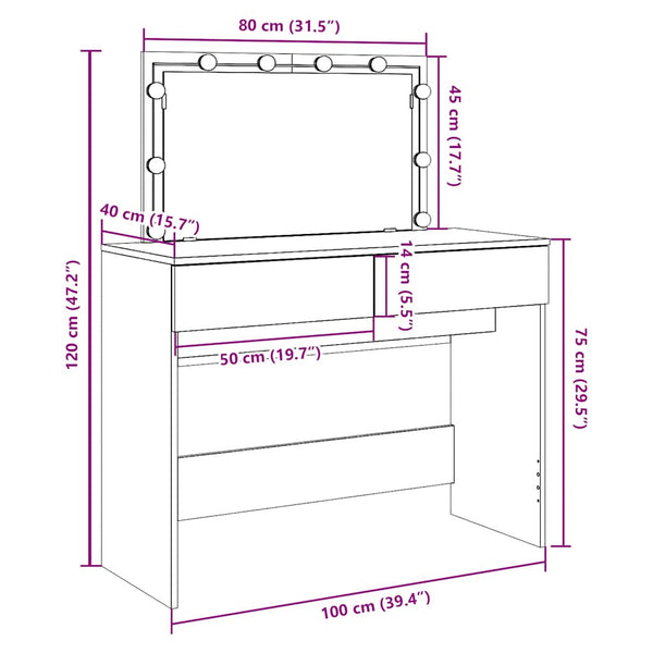 Schminktisch mit LED Betongrau 100x40x120cm