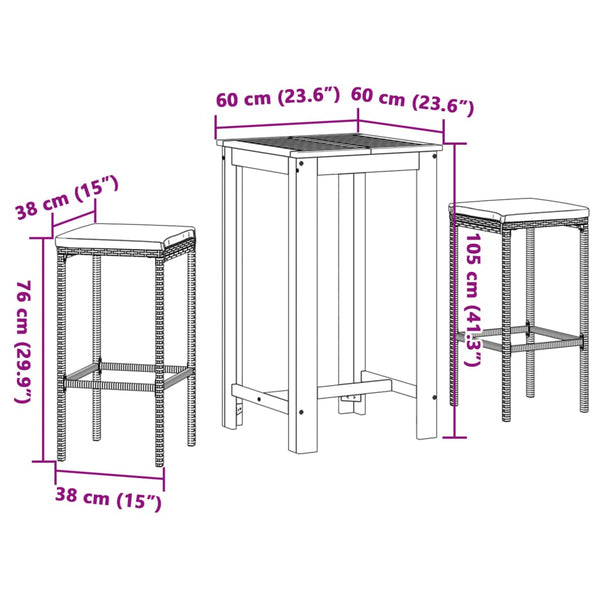 3-tlg. Gartenbar-Set Akazie & Poly Rattan