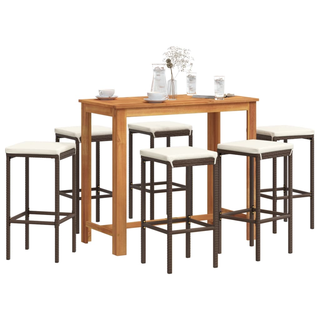 vidaXL Ensemble de bar de jardin 7 pièces marron en bois d'acacia massif et résine tressée