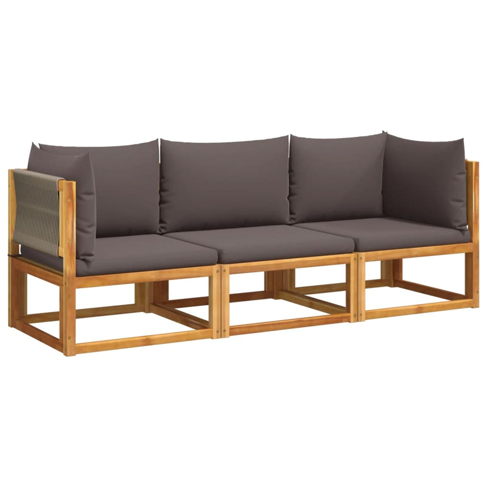vidaXL Ensemble de canapés de jardin 3 pcs avec coussins, bois d'acacia et corde