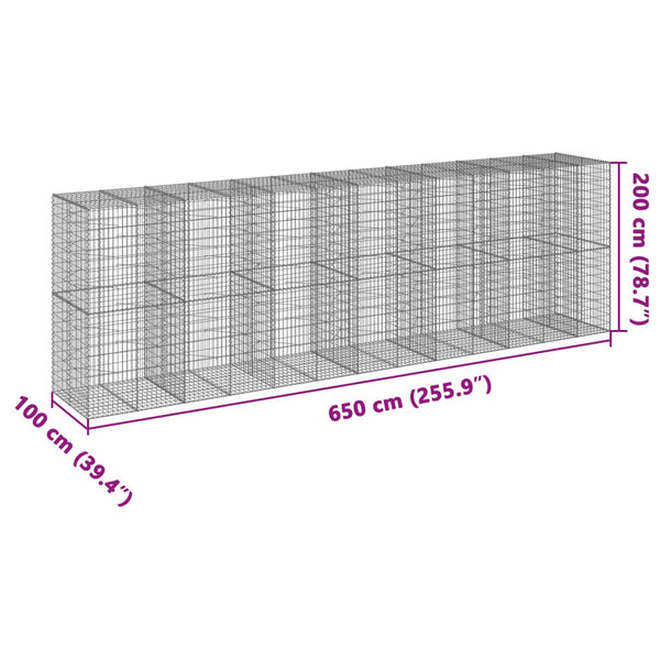 Gabione mit Deckel, 650x100x200 cm, Verzinkt