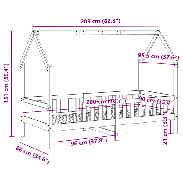 Hausbett Kinderbett 90x200 cm Kiefer Wachsbraun