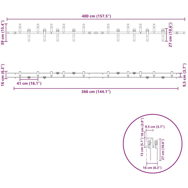Schiebetürbeschlag Set 400 cm Stahl Schwarz