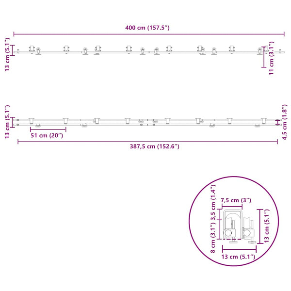 Schiebetür-Beschlagsatz 400cm Edelstahl