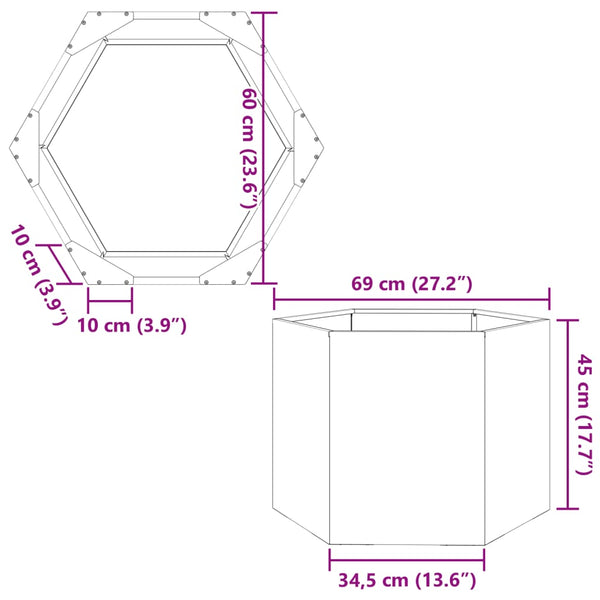 Schwarzer sechseckiger Pflanzkübel aus Stahl, 69 cm