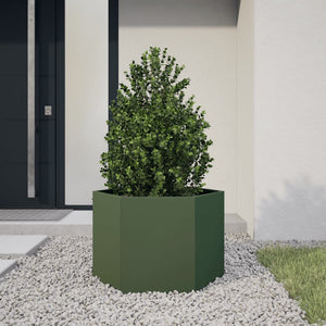 Olivgrüner Stahl Pflanzkübel Sechseckig 69x60x45