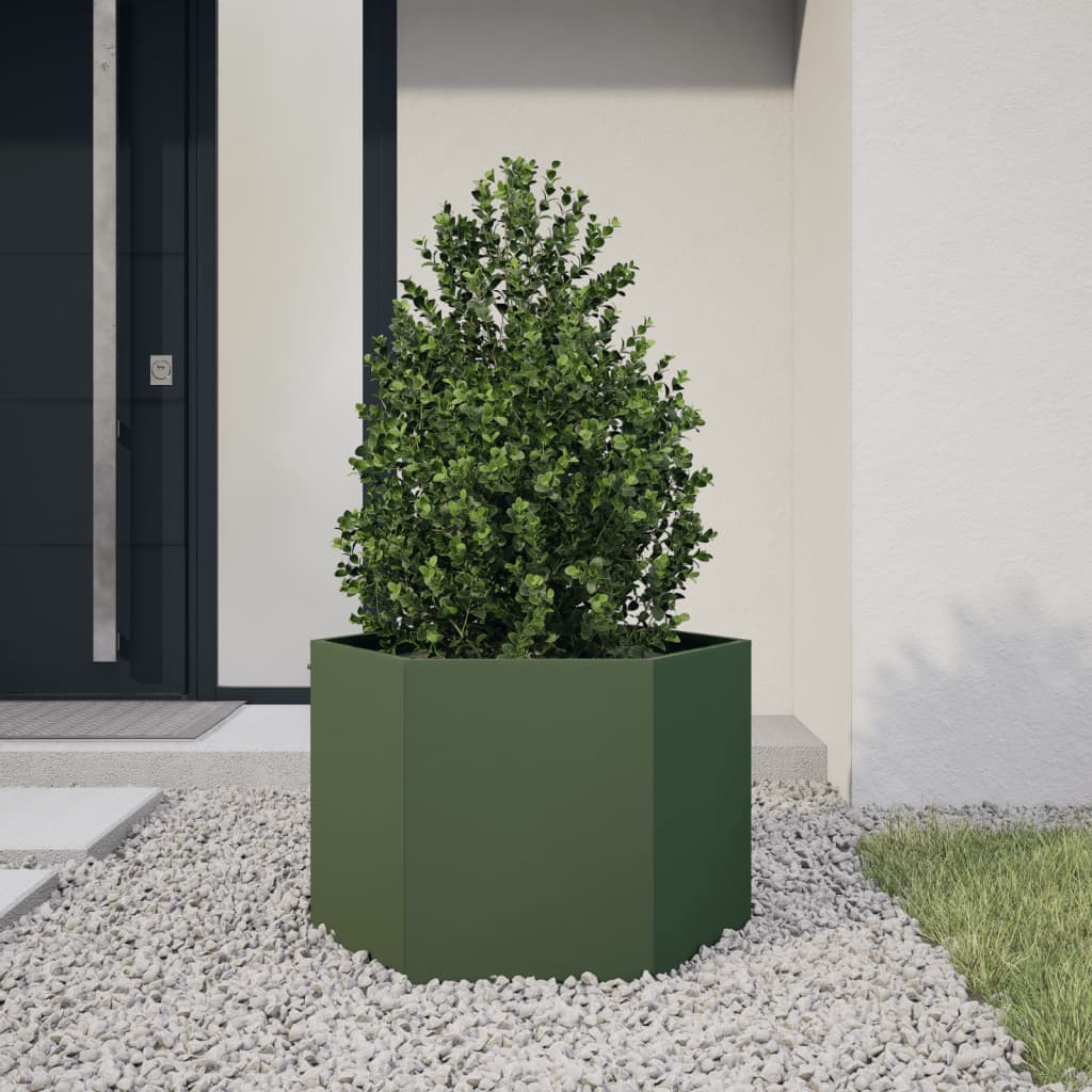 Olivgrüner Stahl Pflanzkübel Sechseckig 69x60x45