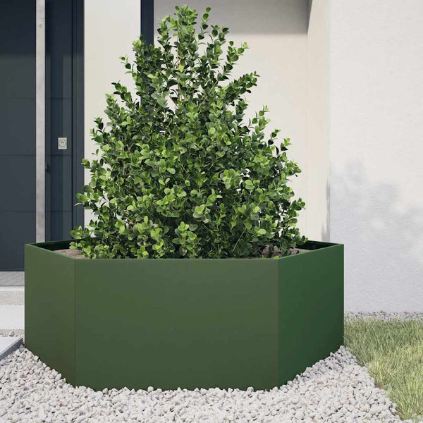 Olivgrüner Stahl Pflanzkübel Sechseckig 138x120x45