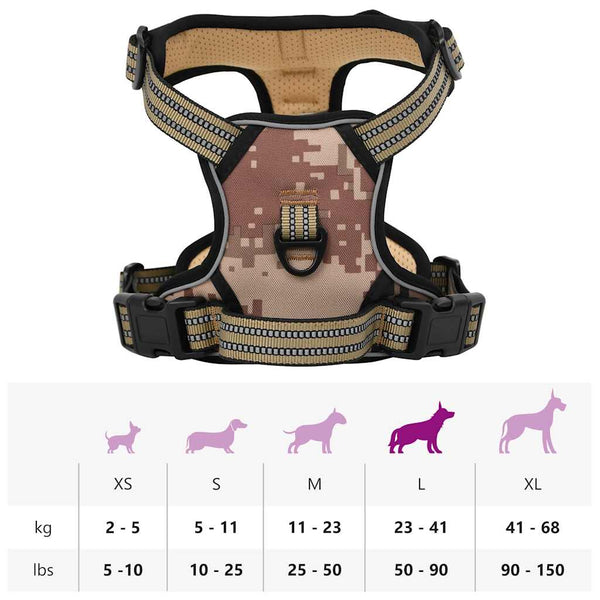 Reflektierendes Hundegeschirr, Verstellbar, Camouflage Braun, L