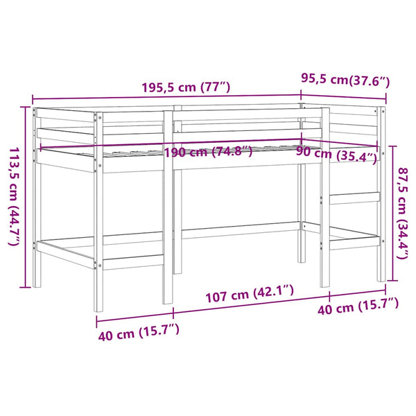 Lit mezzanine enfant vidaXL avec échelle marron miel 90x190 cm bois de pin massif