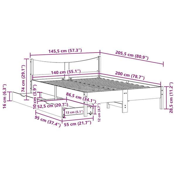 Massivholzbett Kiefer 140x200 mit Schubladen