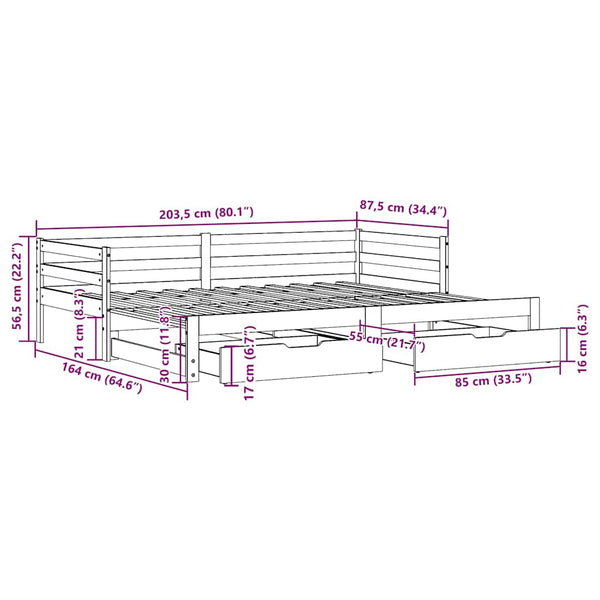 Ausziehbares Tagesbett mit Schubladen Weiß 80x200 cm
