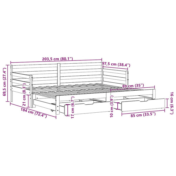 Ausziehbares Tagesbett mit Schubladen Weiß 90x200cm
