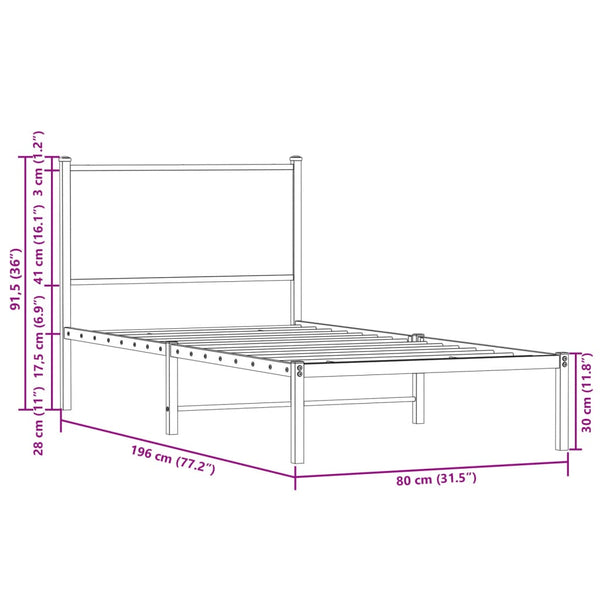 Metallbett 75x190 cm Braun Eichen-Optik