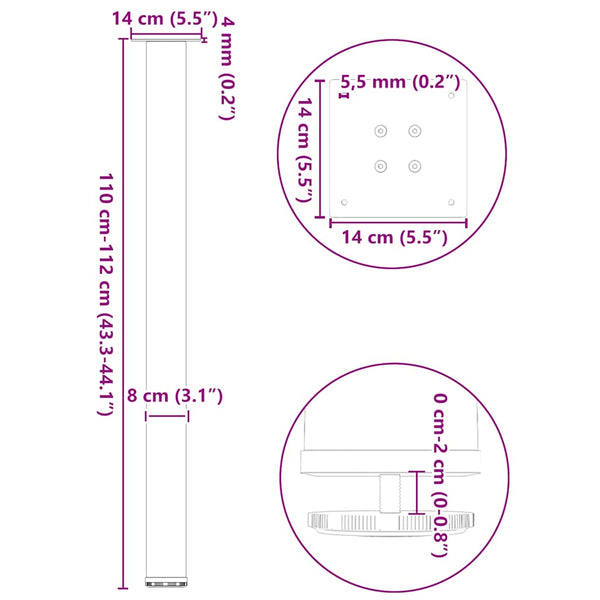 Bartischbeine 4er Set, Naturstahl, 110-112 cm