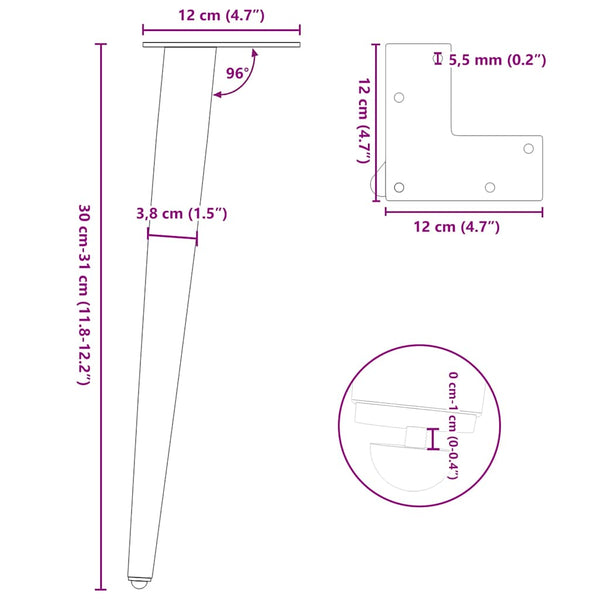 Konische Couchtischbeine, 30 cm, Schwarz, 4er-Set