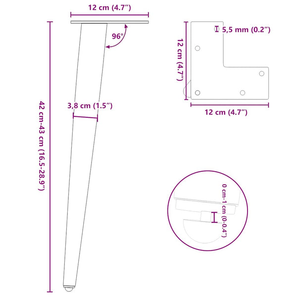 Konische Couchtischbeine, 4er Set, Schwarz, 42-43cm