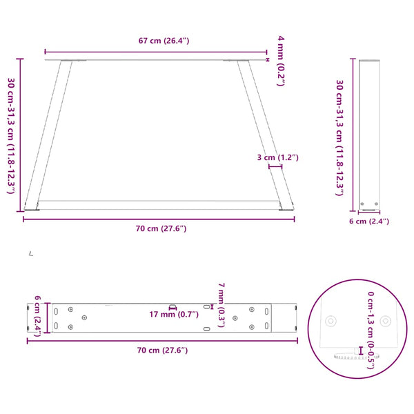 Couchtischbeine V-Form, Stahl Natur, 70 cm, 2er-Set