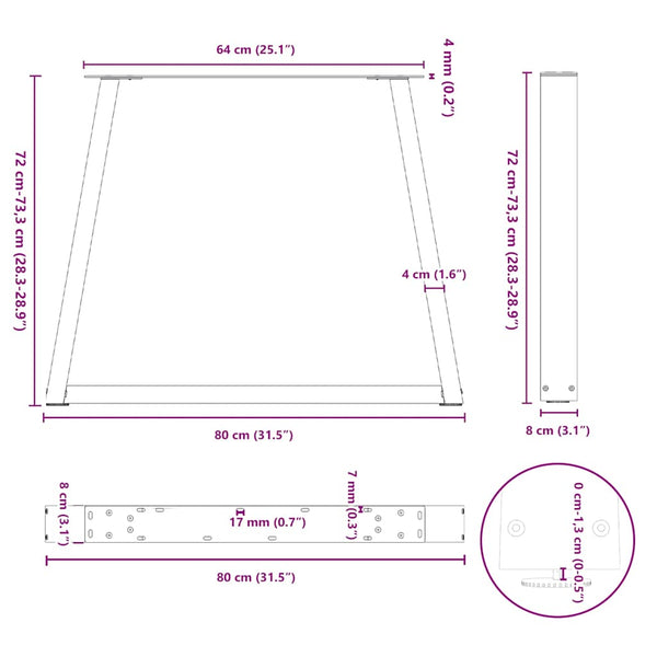 V-Form Esstischbeine, 80 cm, Naturstahl, 2er-Set
