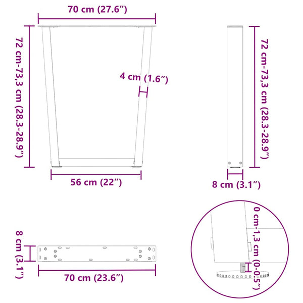 Esstischbeine V-Form, Naturstahl, 70 cm