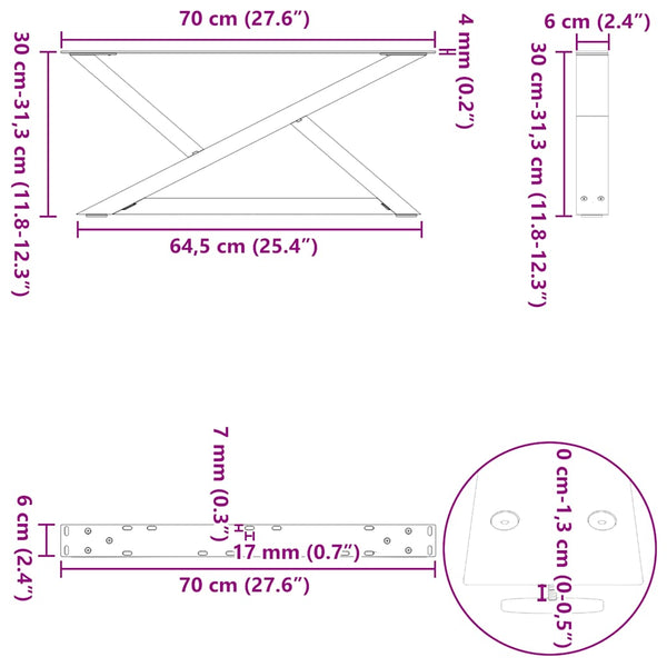 Couchtischbeine 70 cm, 2er Set Stahl Natur