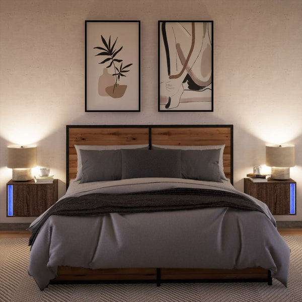 Wand-Nachttische mit LED Braun Eichen-Optik 2er Set