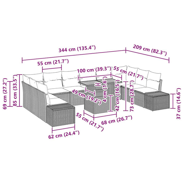 Garten Sofa Set Beige Grau 11-teilig