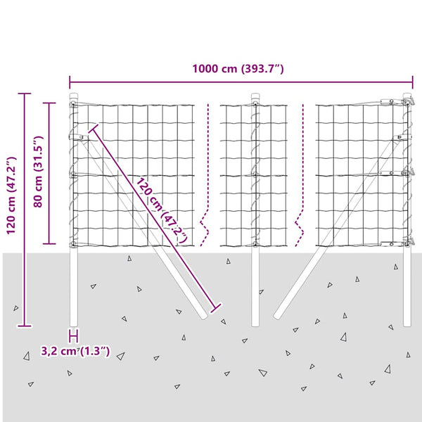Silberner Zaun mit Pfosten, 0,8 x 10 m
