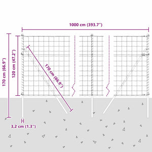 Silberner Zaun mit Pfosten, 1,2 x 10 m