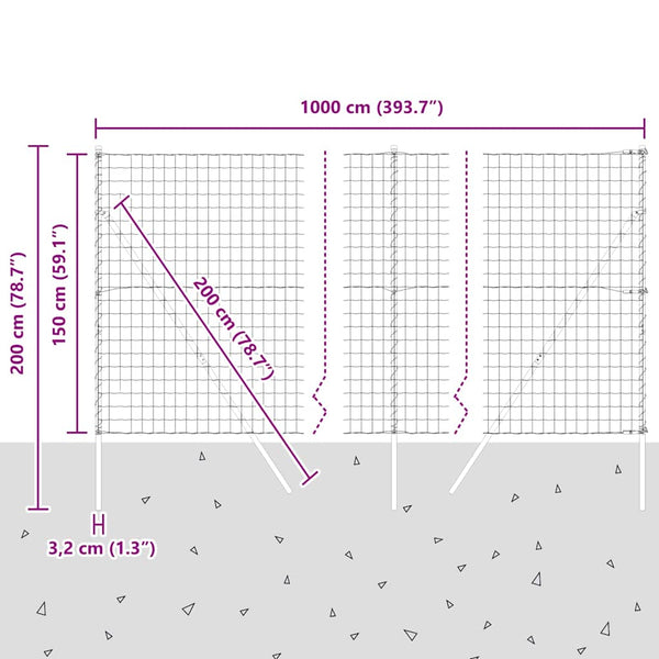Zaun mit Pfosten Silber 1,5x10m