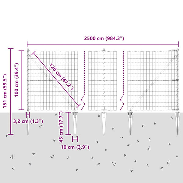 vidaXL Clôture avec poteaux Argent 1 x 25 m Acier