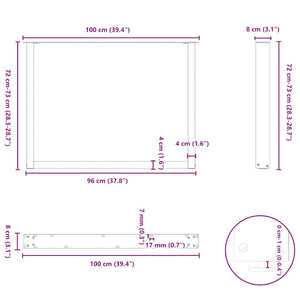 U-Form Tischbeine, 3er Set, Weiß, 100cm Stahl